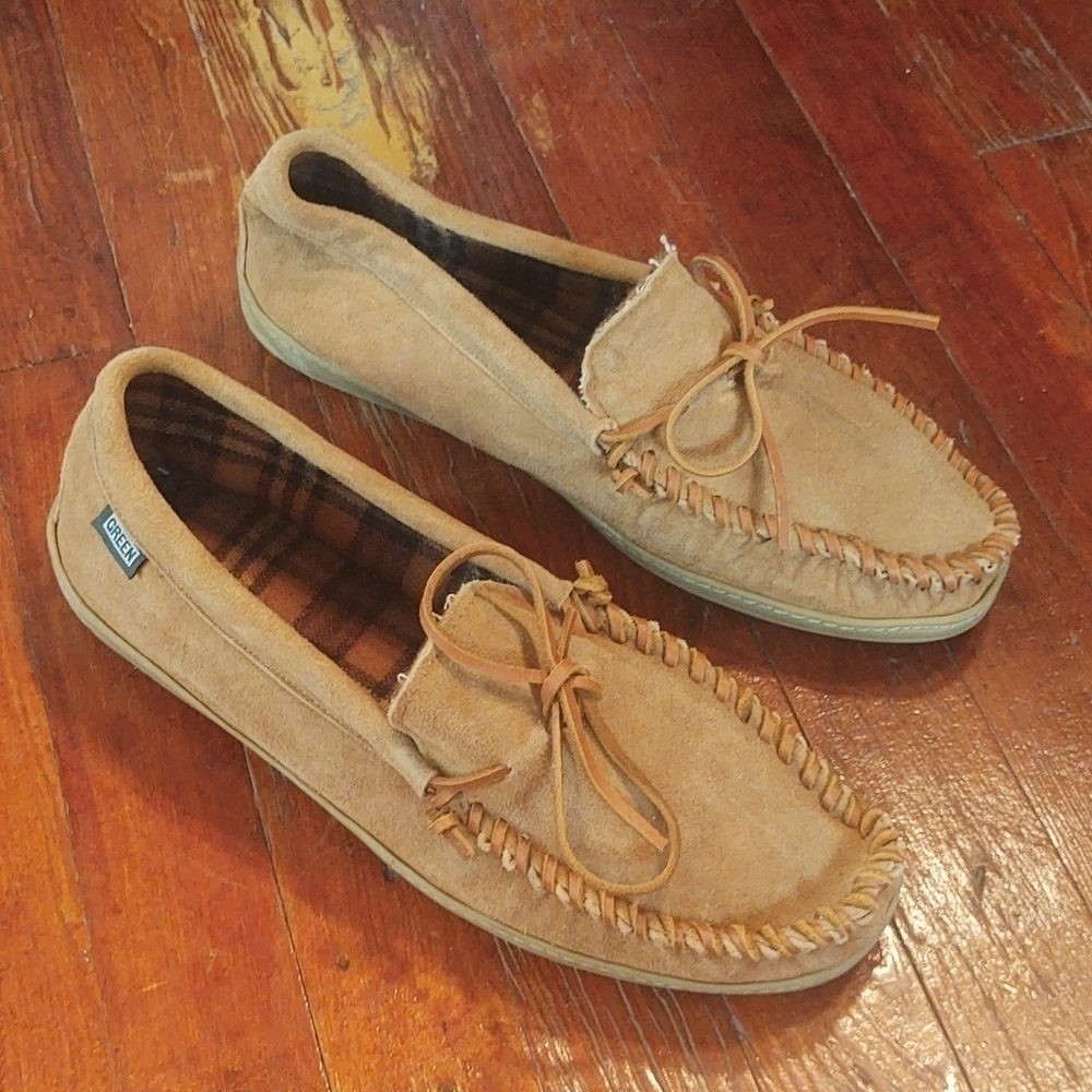 Green Flannel Lined Tan Moccasins Sz 12